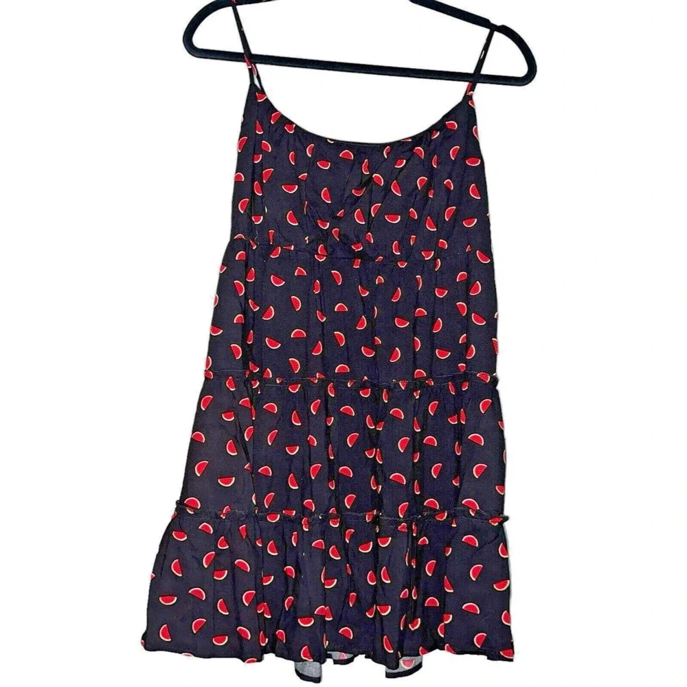Lily White Watermelon Print Tiered‎ Mini Dress Black Red Smocked Back Adjustable